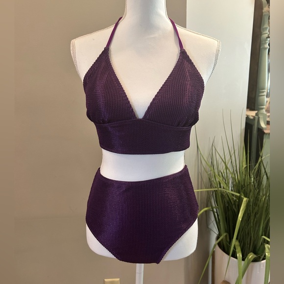 Cupshe Other - Shiny Purple Ribbed Halter Bikini Top and High Rise bottom M NWT